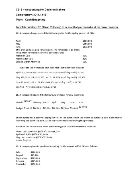 C213 Cash Budgeting - Ch. 7 - C213 – Accounting for Decision Makers