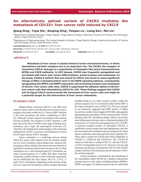 Pdf An Alternatively Spliced Variant Of Cxcr3 Mediates The Metastasis