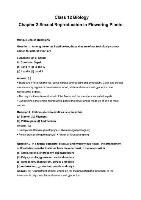 Solution Class 12 Biology Chapter 2 Sexual Reproduction In Flowering