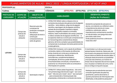 Plano De Aula Lingua Portuguesa Completo Habilidades Bncc Images