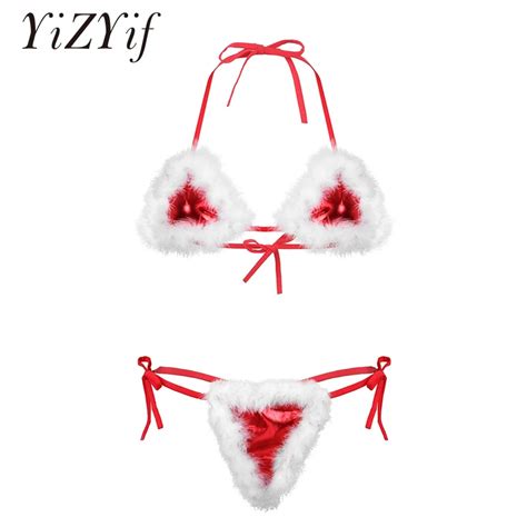 Christmas Bikinis Women Santa Bikini Lingerie Set White Feather Trimmed Halter Neck Tie On Bra