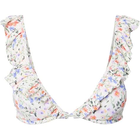 Pieces Floral Print Frill Bikini Top White Smoke SportsDirect