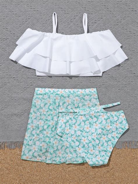 Girls Floral Tiered Ruffle Hem Bikini Swimsuit With Beach Skirt Shein Usa
