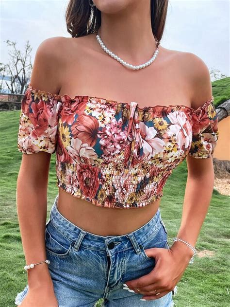 Floral Print Off Shoulder Knot Front Shirred Crop Blouse Shein Usa