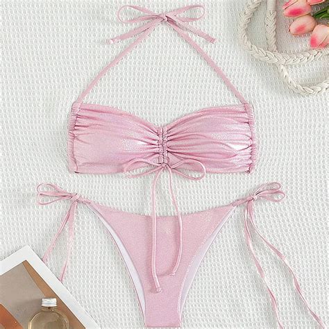 Womens Shiny Pink Halter Neck Bikini Swimwear Set On Luulla
