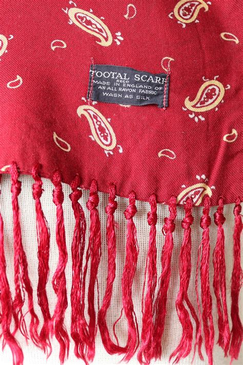 Vintage 1960s 60s Tootal Burgundy Paisley Red Tasseled Scarf Mod Made