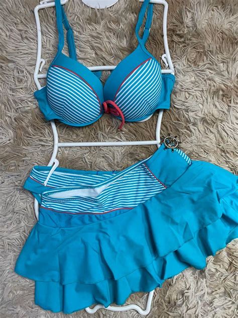 Blue 3 In 1 Two Piece Bikini With Skirt Cover Up Women S Fashion Swimwear Bikinis Swimsuits