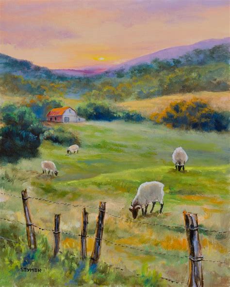 Original Rural Art Farm Sheep Pastoral Field Scene Countryside Landscape Red Barn Farmhouse