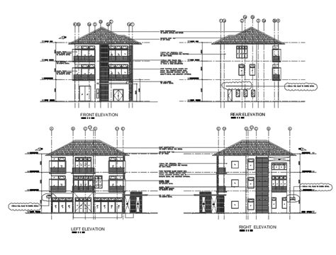 Three Story Bungalow All Sided Elevations Cad Drawing Details Dwg File Artofit