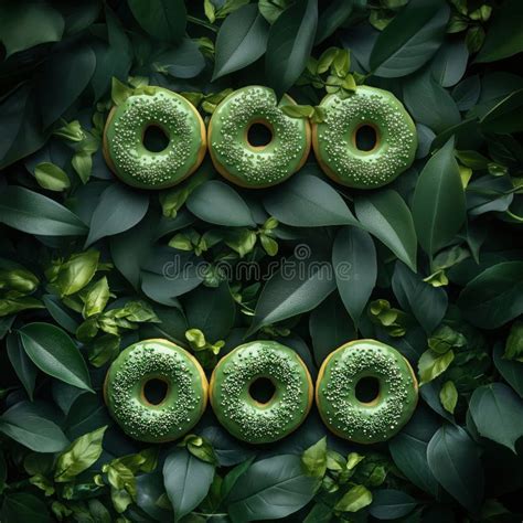 Green Donuts Arranged On Lush Green Leaves Creating A Vibrant Natural
