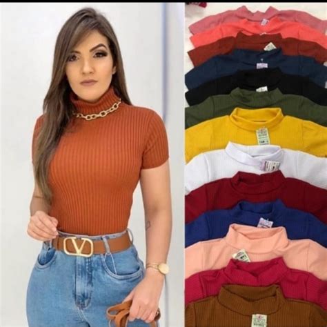 Blusa Cropped Canelado Gola Alta Manga Golinha E Manga Shopee Brasil