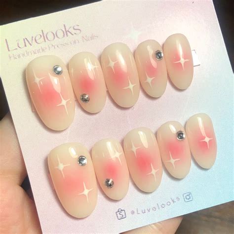 Jual Press On Nails Handmade Korean Pink Blush Nails 10pcs UV Gel