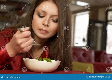 Beautiful Brunette Eats Salad Stock Photo Image Of Facial Lifestyles 2240850