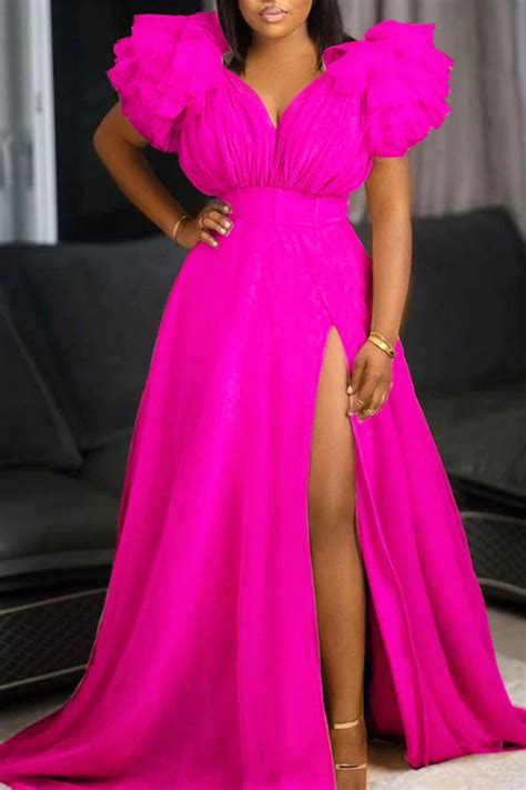Wholesale Nude Pink Sexy Elegant Solid Patchwork V Neck Evening Dress Plus Size Dresses K