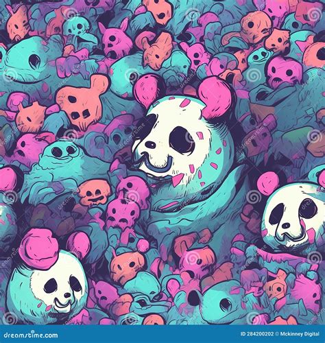 Weirdcore Neon Colored Design with Panda Bears. Stock Illustration