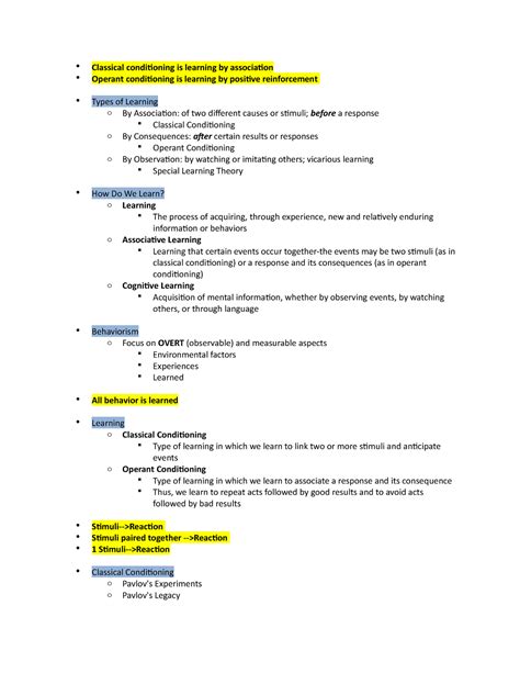 Ch Notes Classical Conditioning Is Learning By Association