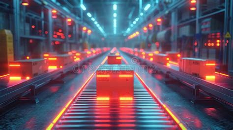 Futuristic Automated Warehouse Conveyor System With Glowing Red Lights