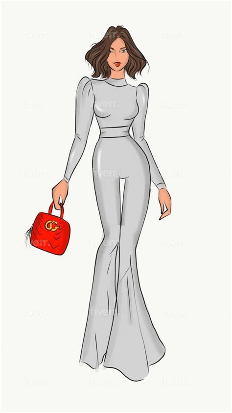 A Drawing Of A Woman In Grey Dress Holding A Red Purse