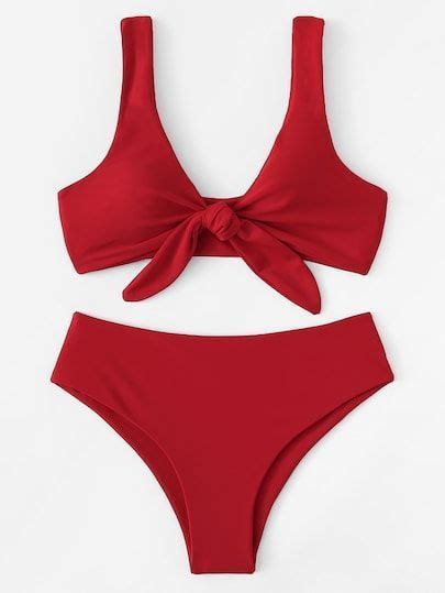 Shop Knot Front Plain Bikini Set Online Shein Offers Knot Front Plain