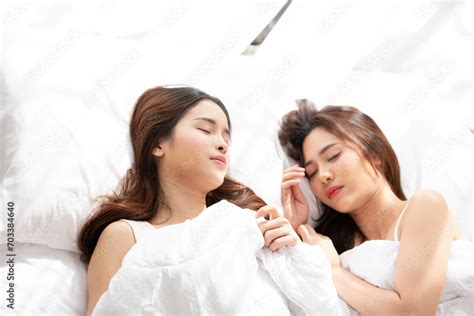 Asian Lgbtq Lesbian Woman Cuddling On Their Bed At Home Lesbian Couple Love Moments Happiness
