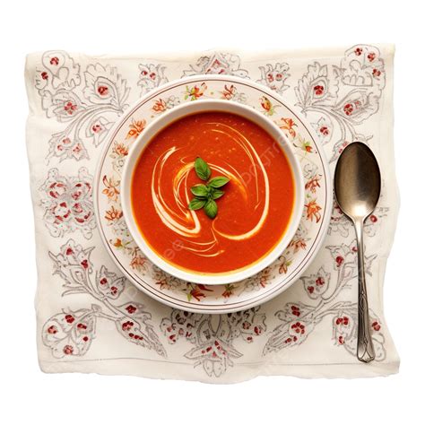 Mexican Tomato Soup Served Dish On Tablecloth With Spoon Soup Mexican