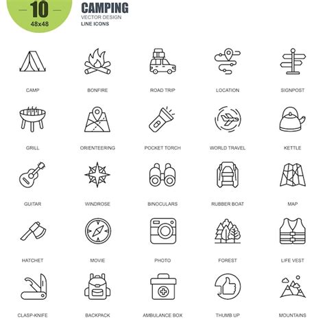 Conjunto simples de ícones de linha vetor camping relacionados Vetor