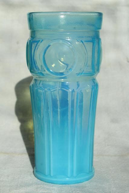 Blue Opalescent Glass Tumbler Vase Vintage Wheaton Bullseye Pattern