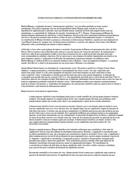Interacionismo Simbolico - Interacionismo Simbólico de Herbert Blumer | PDF | Sociologia | Pensamento