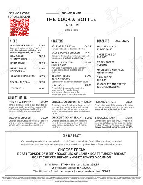 Menu At Cock And Bottle Tarleton Pub And Bar Tarleton