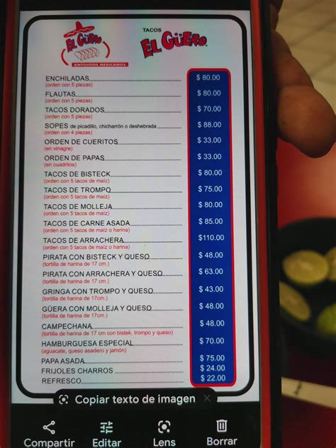 Carta del restaurante Tacos El Güero Cumbres Elite Monterrey Avenida