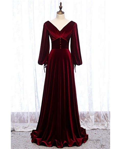 118 99 Dark Red Velvet Vneck Evening Dress With Lantern Long Sleeves