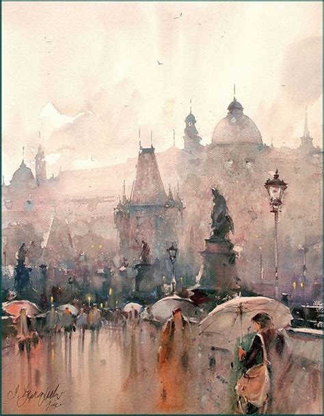 Umbrellas On The Charles Bridge Watercolor On Paper Djukaric Dusan