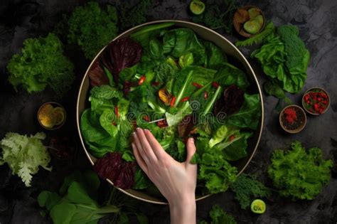 Overhead View Of Salad Bowl With Hands Tossing Greens Stock