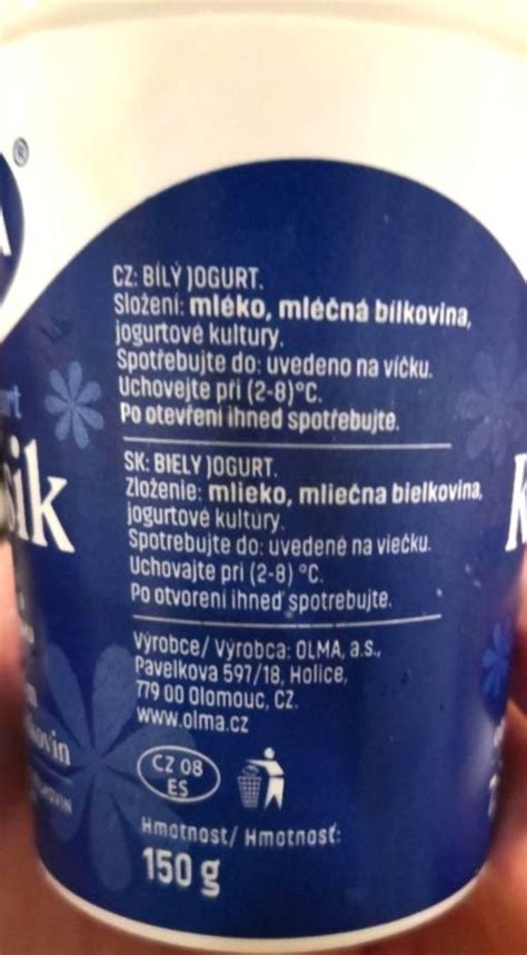 bílý jogurt Klasik 2 7 Olma kalorie kJ a nutriční hodnoty