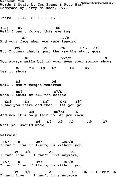 Song Lyrics With Guitar Chords For Without You Harry Nillson 1972