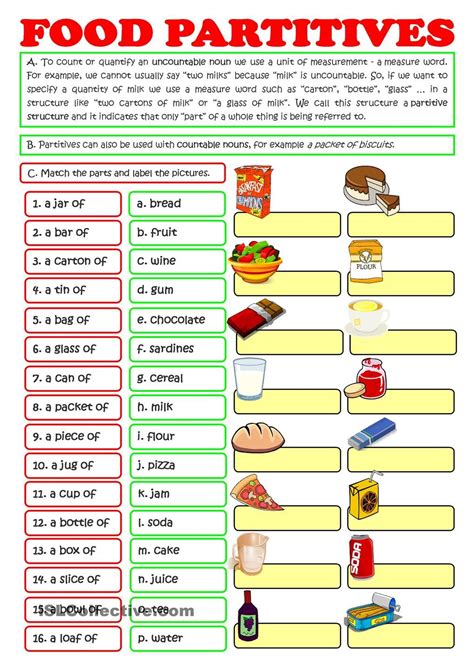 Worksheet Food Partitives With Simple Explanation Includes Bw