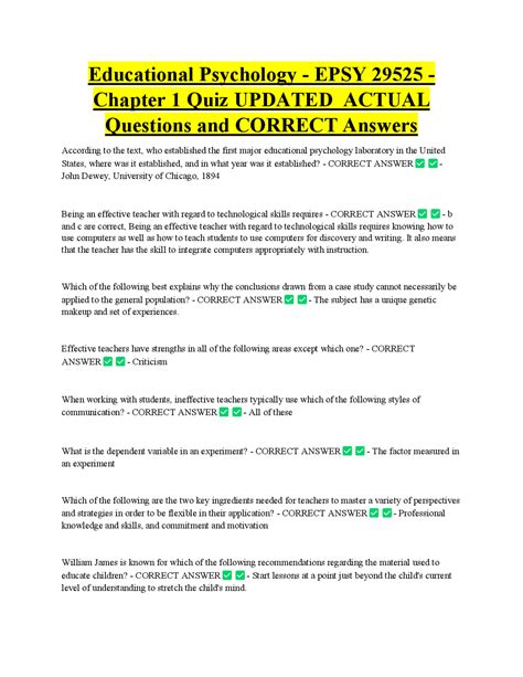 Educational Psychology - EPSY 29525 - Chapter 1 Quiz UPDATED ACTUAL