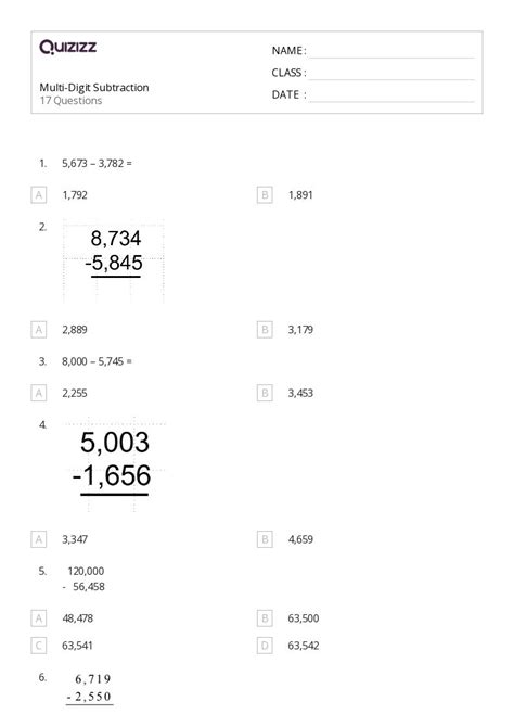 50 Multi Digit Subtraction Worksheets For 4th Grade On Quizizz Free