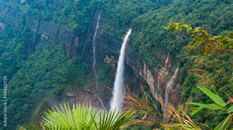 breathtaking view  nohkalikai waterfalls plunging  towering