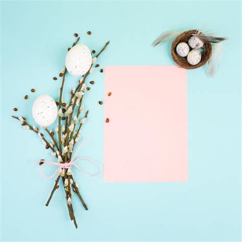 Premium Photo Easter Holiday Greeting Blank Paper Wicker Nest With Eggs Pussy Willow
