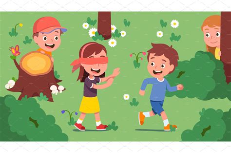 Kids Playing Hide And Seek On Lawn People Illustrations Creative Market