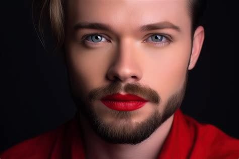 Premium AI Image Transgender Gay Man With Red Lipstick Lips Male Bearded Face With Makeup