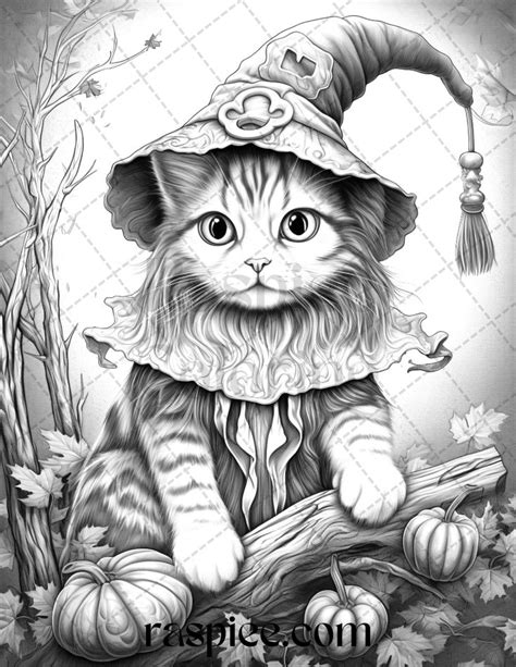 40 Halloween Witch Cat Grayscale Coloring Pages Printable For Adults