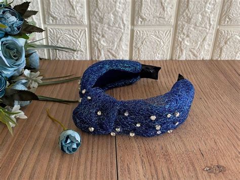 Crystal Bead Embroidered Navy Blue Tulle Knotted Headband By