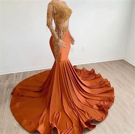 Embellished Burnt Orange Prom Dress Long Mermaid Dress Floor Length