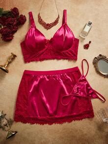 PinupPomp 3pcs Plus Size Lace Patchwork Underwire Sexy Lingerie Set For