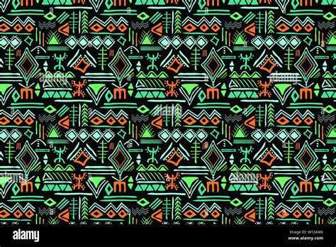 Tribal seamless pattern with archaic geometric ornament. Primitive ethnic style with hand drawn ...