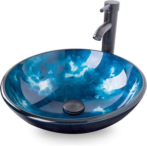 Elecwish Bathroom Vanity Sink Round Artistic Tempered Glass Vessel