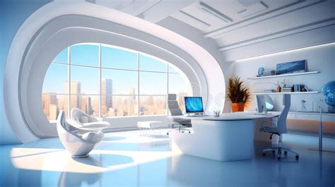 Modern Futuristic Interior Office Design with Warm Tones of Blue ...