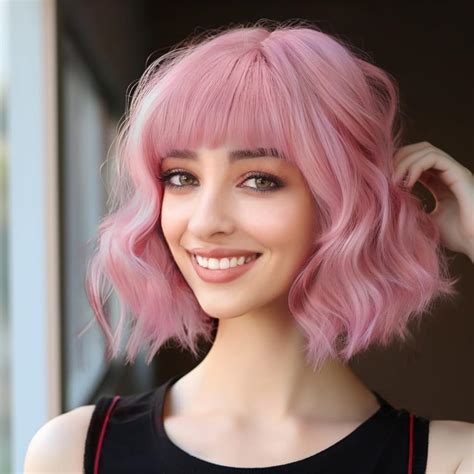 Aisi Hair Pink Wig With Bangs Short Bob Wavy Pastel Pink Wigs For Women Curly